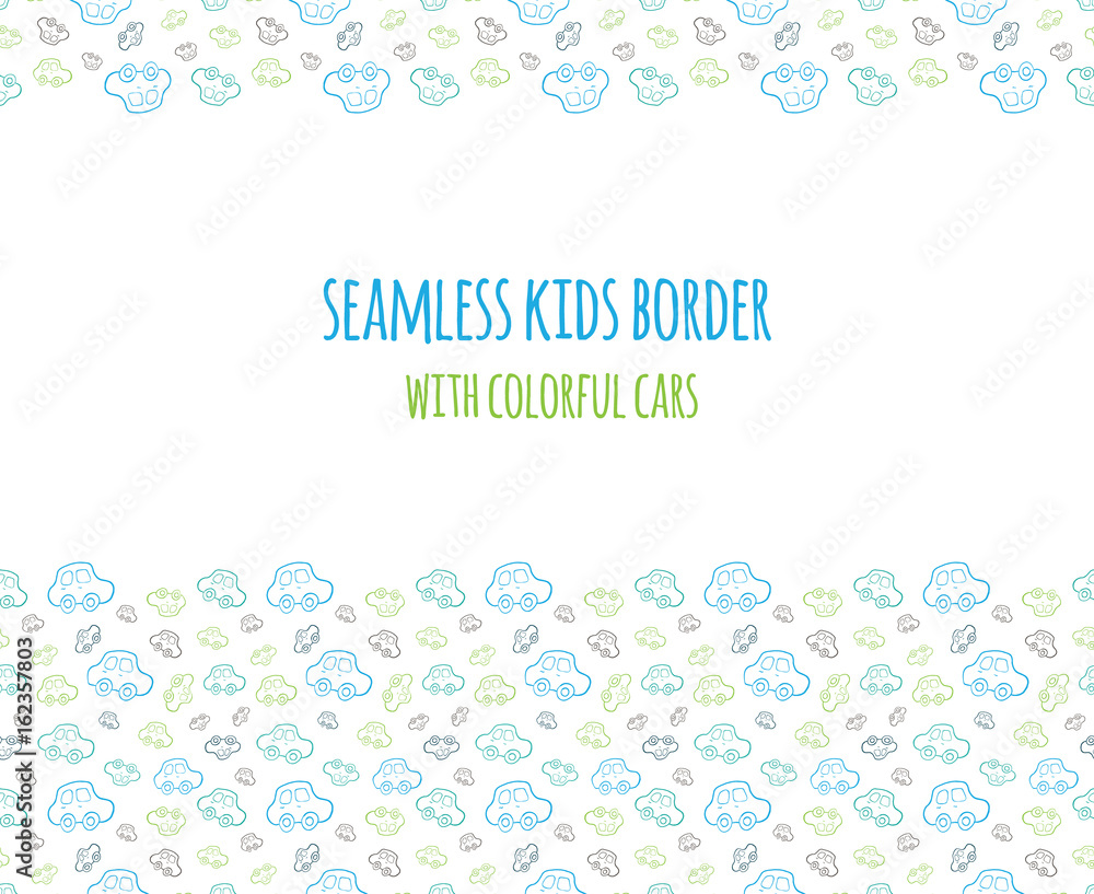 Set of vector seamless baby boy border with hand drawn cars. Elements for design kids banner, flyer, background, wallpaper, card and others. Set of vector seamless baby boy border with hand drawn cars. Elements for design kids banner, flyer, background, wallpaper, card and others.