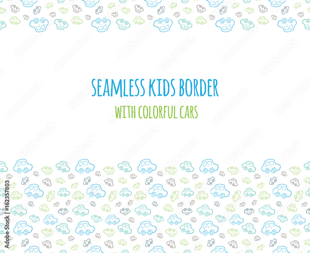 Set of vector seamless baby boy border with hand drawn cars. Elements for design kids banner, flyer, background, wallpaper, card and others.