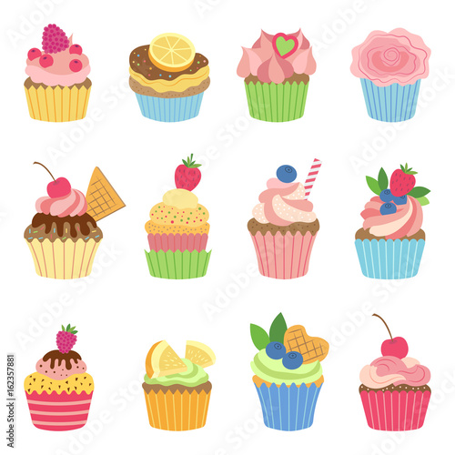 Vanilla muffins and cupcakes with chocolate. Vector illustration in flat style