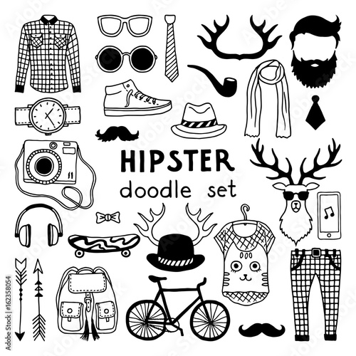Vector doodle set with different hipster style elements