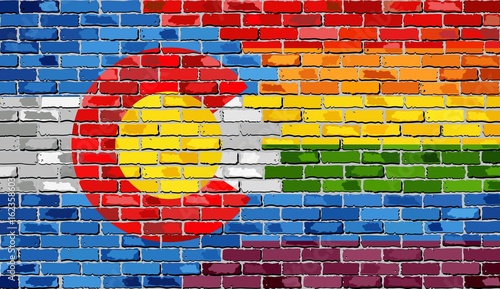 Brick Wall Colorado and Gay flags - Illustration,
Rainbow flag on brick textured background, 
Abstract grunge Colorado flag and LGBT flag