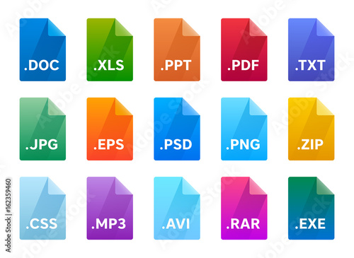 File type icons. Material design and long shadow style.