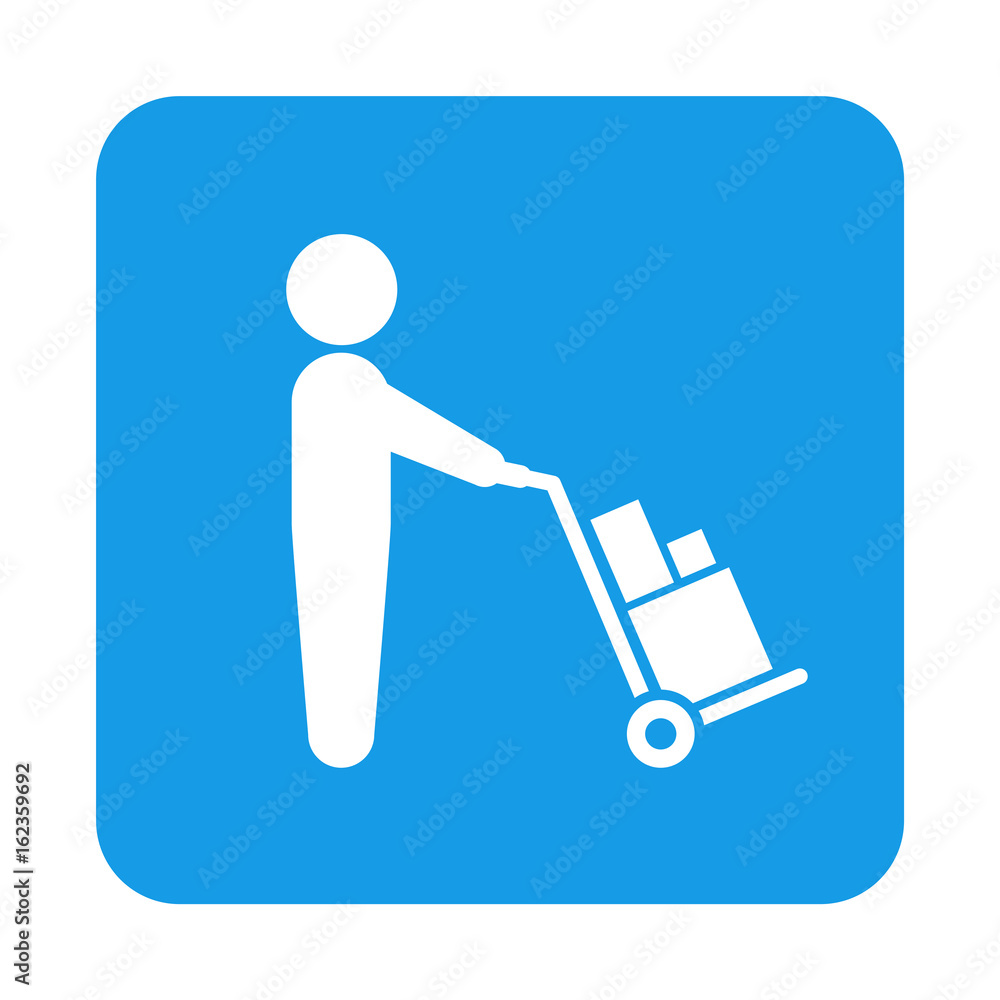 Icono plano hombre con carretilla en cuadrado azul Icono plano hombre con carretilla en cuadrado azul