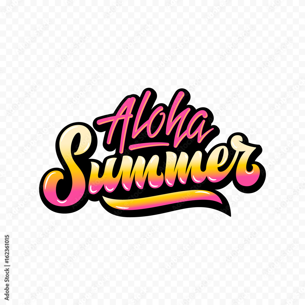 Aloha Summer Abstract Vector Hand Lettering Sign or Poster. Pink Yellow Gradient.