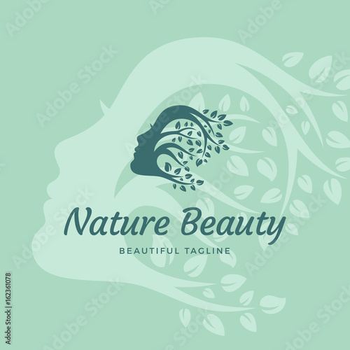 Nature Beauty Abstract Vector Sign, Emblem or Logo Template. Beautiful Woman Face with Curly Hair of Branches with Leafs. Silhouette Style Symbol with Typography. Creative Background
