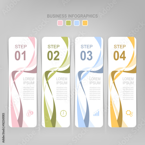Infographic template of four steps on squares, tag banner, work sheet, flat design of business icon, vector