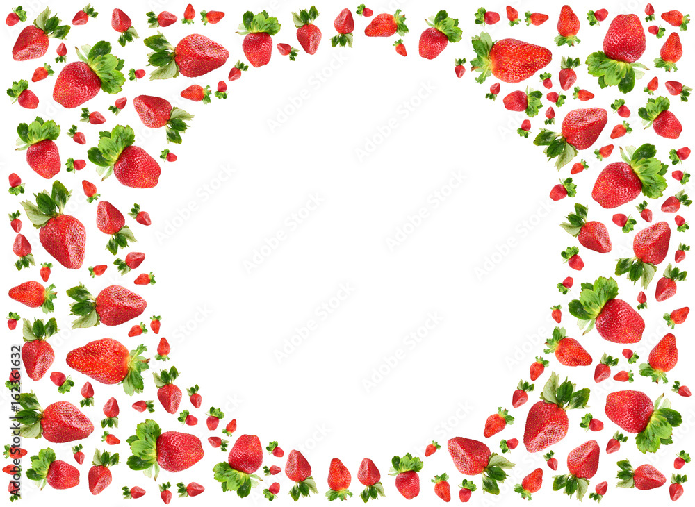 Ripe red strawberry textured circle frame isolated on white background. Top view. Flat lay. Ripe red strawberry textured circle frame isolated on white background. Top view. Flat lay.