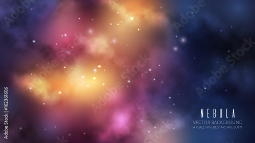 Vector space background with dark blue nebula and bright stars. Fantasy scientific astronomical illustration.