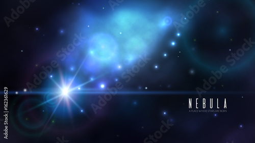 Vector space background with dark blue nebula and bright stars. Fantasy scientific astronomical illustration.