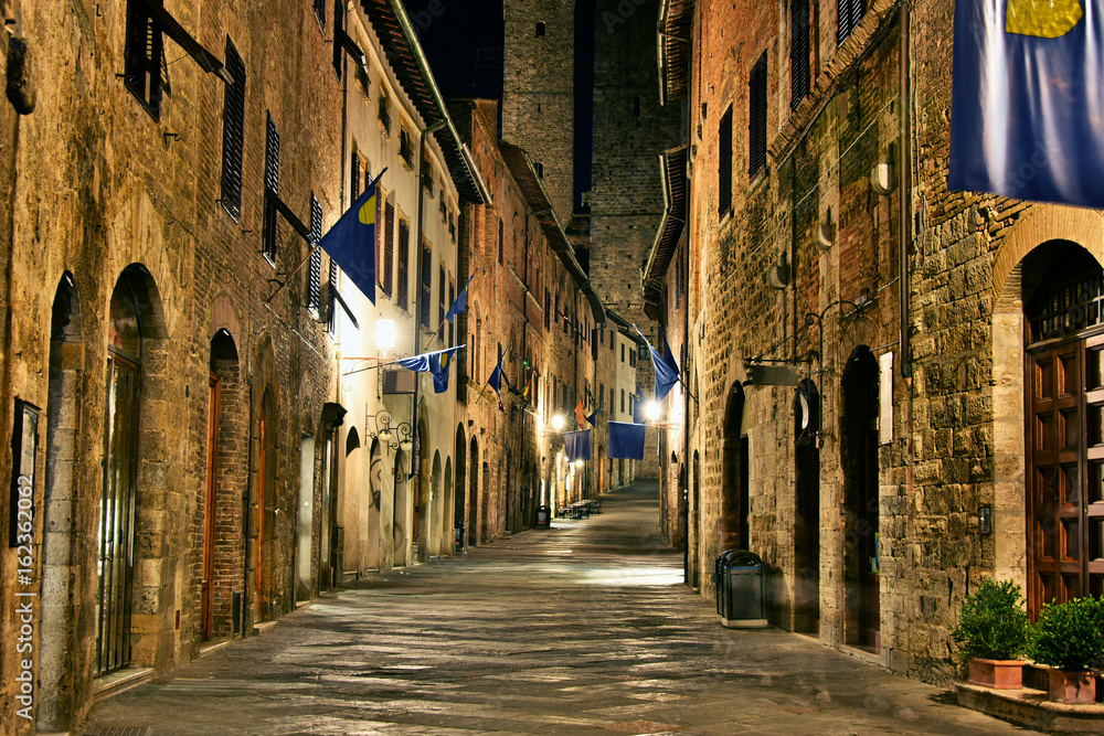 Street view of San Gimignano in Tuscany, Italy by night