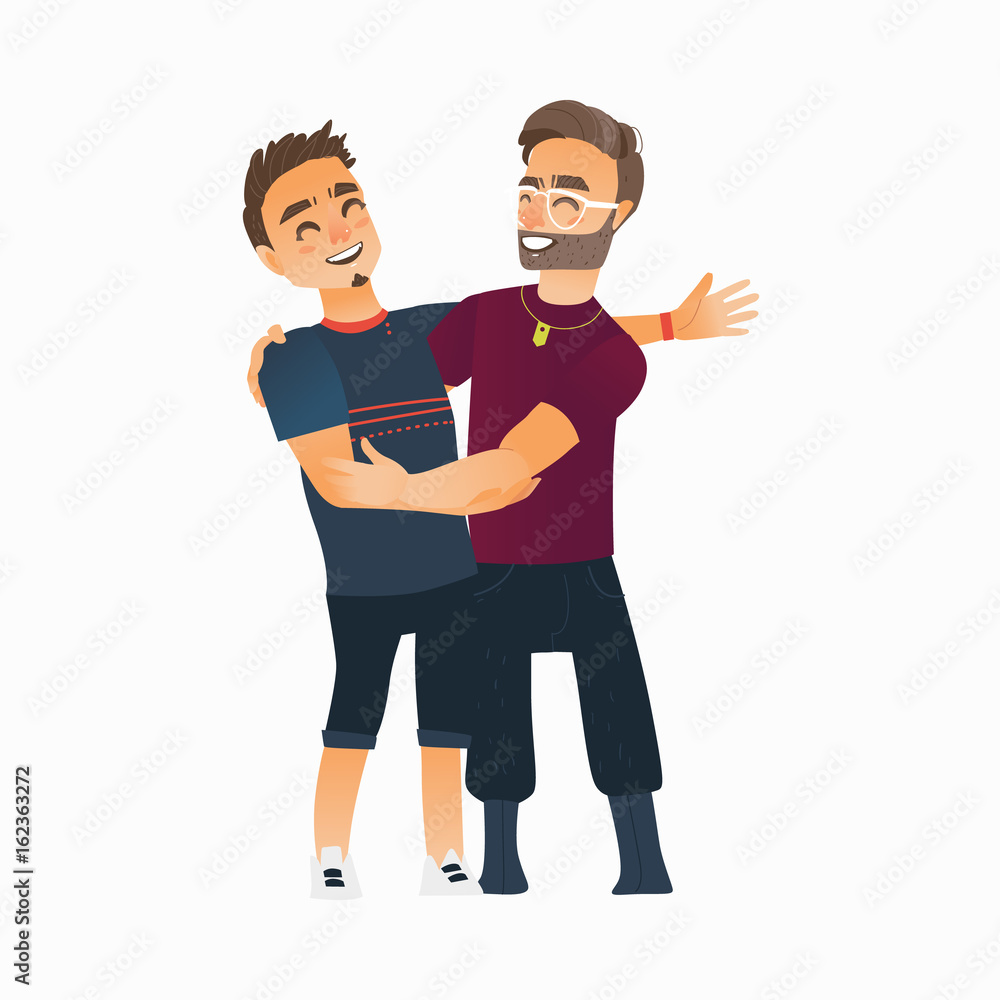 Male friendship - two boys, men, friends hugging each others, waving,  cartoon vector illustration isolated on white background. Front view  portrait of boys, men, friends standing, hugging each other Stock Vector |