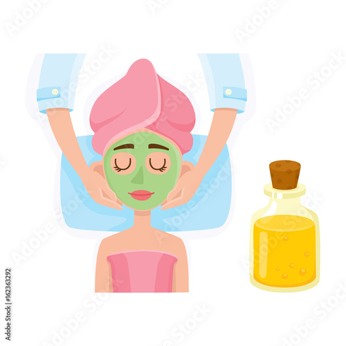 Cosmetician applying cream, mask on young woman face in spa salon, top view cartoon vector illustration on white background. Top view picture of woman getting facial mask in spa, cosmetic procedure
