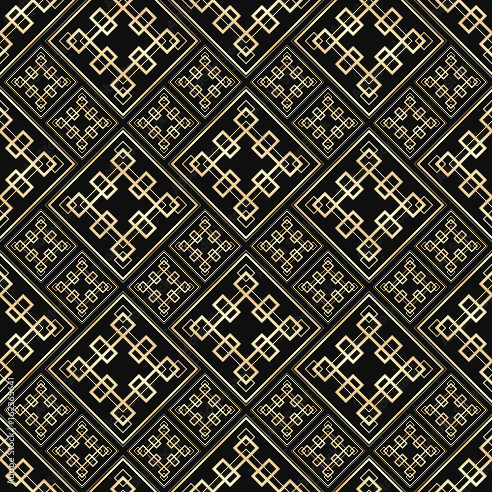 Seamless pattern in Art Deco style. Black and golden tilework. Diamond tiles. Luxury background. Seamless pattern in Art Deco style. Black and golden tilework. Diamond tiles. Luxury background.