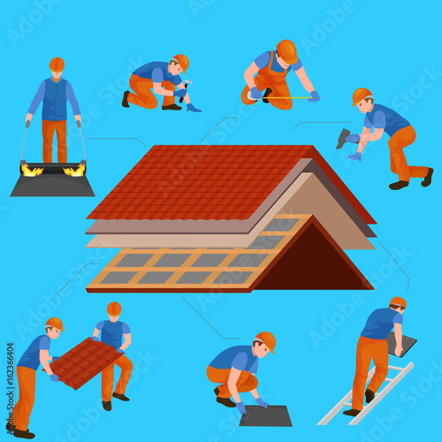 roof construction worker repair home, build structure fixing rooftop tile house with labor equipment, roofer men with work tools in hands outdoors renovation residential vector illustration