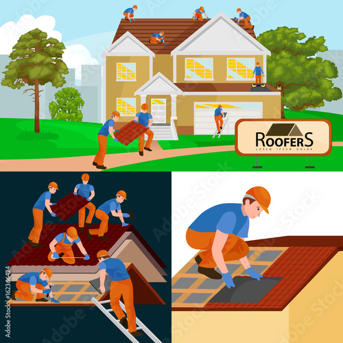 roof construction worker repair home, build structure fixing rooftop tile house with labor equipment, roofer men with work tools in hands outdoors renovation residential vector illustration