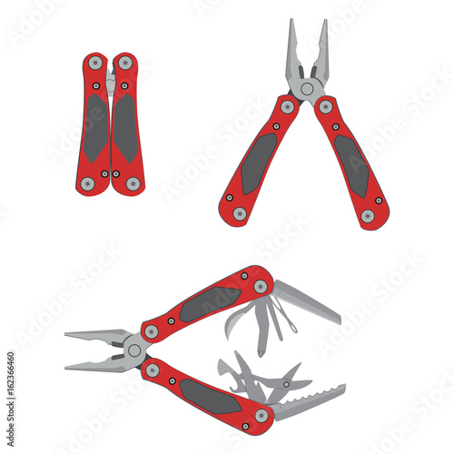 Stainless steel multifunctional pocket multi tool instrument. Flat illustration isolated on white.