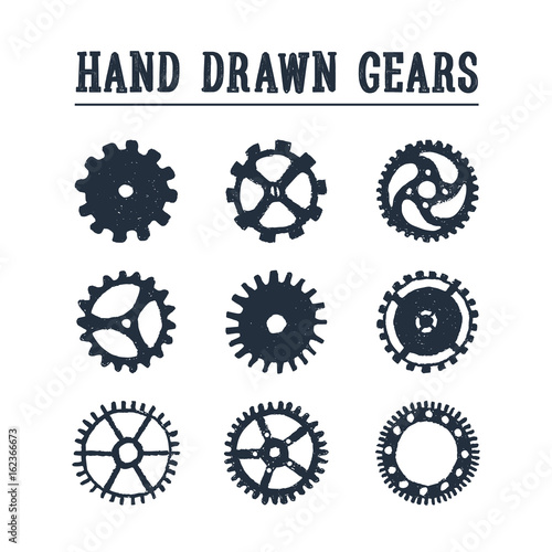 Hand drawn textured gears icons set. Vector illustrations.