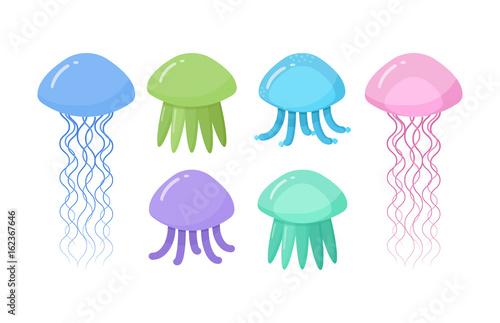 Obraz na płótnie Jellyfish vector flat icon set w salonie