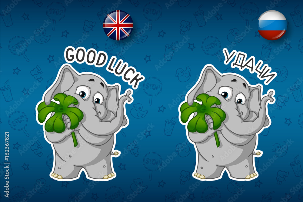 Clover For Good Luck The Elephant Holds Big Set Of Stickers In English And Russian Languages Vector Cartoon Stock Vector Adobe Stock