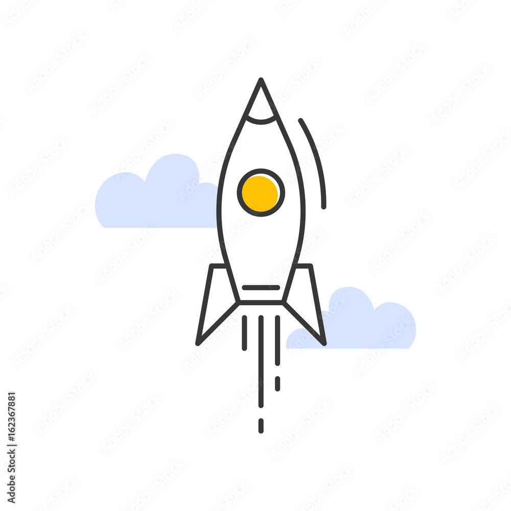 Vector sign of the rocket flying in clouds. A flat isolated pictogram on white background. Vector sign of the rocket flying in clouds. A flat isolated pictogram on white background.