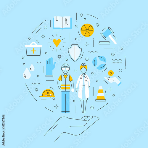 The vector concept about occupational safety and health in thin line style on blue background. Design including symbols of protecting, safety, support of employees of different professions.