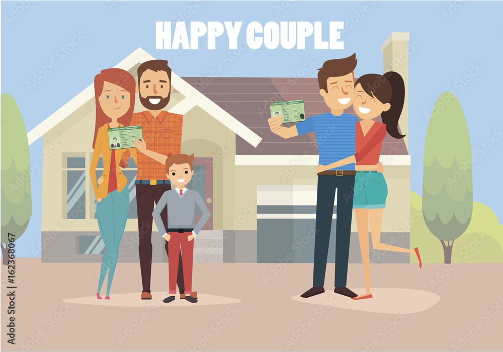 Happy couple vector with isolated  green card and other objects