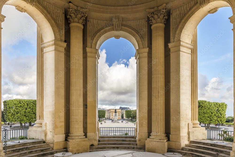 View through main basin monument arcs on Peyrou park with statue at Montpellier southern France