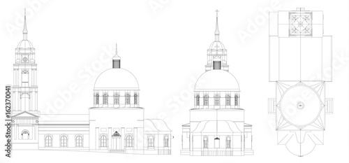 The temple of the Russian Orthodox Church, a drawing in lines, views from all sides.