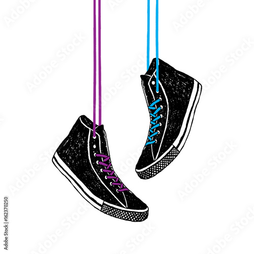 Hand drawn badge with sneakers textured vector illustration.