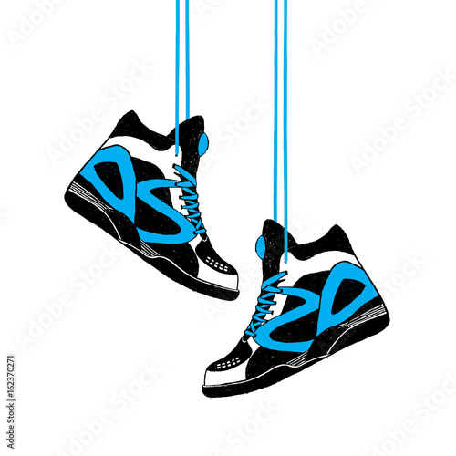 Hand drawn badge with sneakers textured vector illustration.