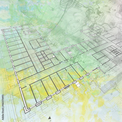 Architectural abstract plan. Blurred watercolor green-yellow background. photo