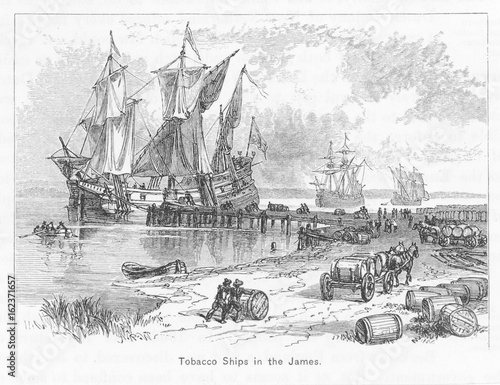 Tobacco ships in America. Date: circa 1760