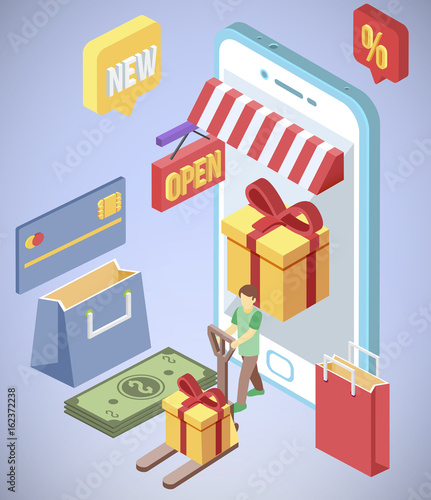 Isometric smartphone shopping e commerce 3d vector concept