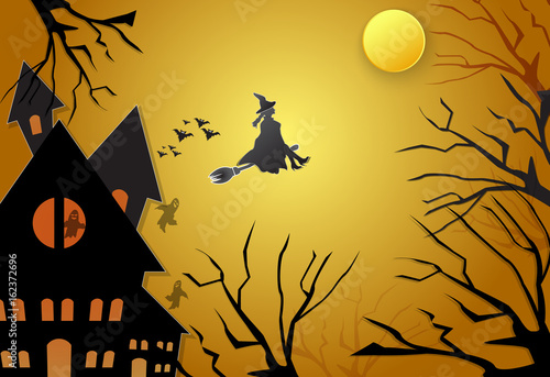 Young witch flying on broom with spooky silhouette Halloween background concept, paper art style illustration