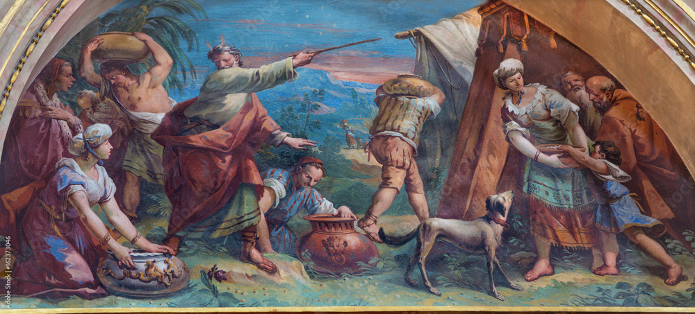 BERGAMO, ITALY - MARCH 16, 2017: The fresco The Moses and Jews Gathering the Manna in the Desert in church Chiesa dei SS. Bartolomeo e Stefano by Mattia Bortoloni (1749 - 1751).