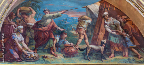 Obraz na plátně BERGAMO, ITALY - MARCH 16, 2017: The fresco The Moses and Jews Gathering the Manna in the Desert in church Chiesa dei SS