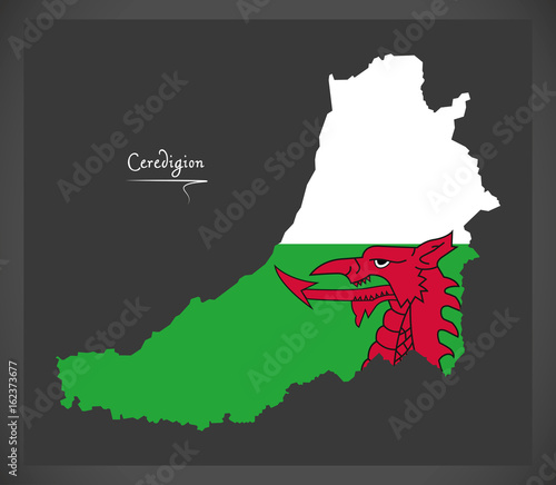 Ceredigion Wales map with Welsh national flag illustration