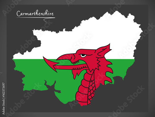 Carmarthenshire Wales map with Welsh national flag illustration