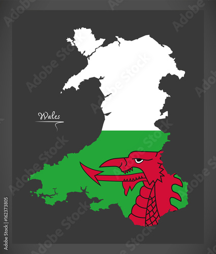 Wales map with Welsh national flag illustration