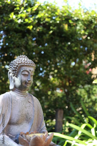 Buddah shows peaceful smile in green background
