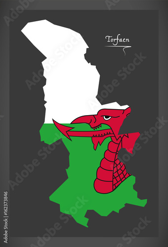 Torfaen Wales map with Welsh national flag illustration