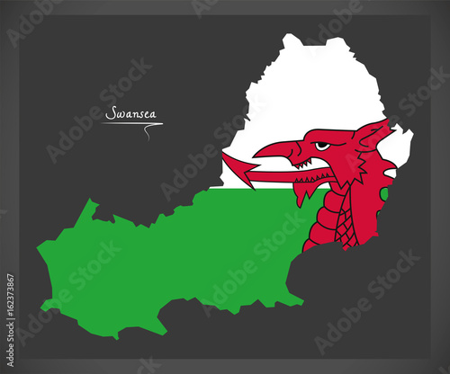 Swansea Wales map with Welsh national flag illustration
