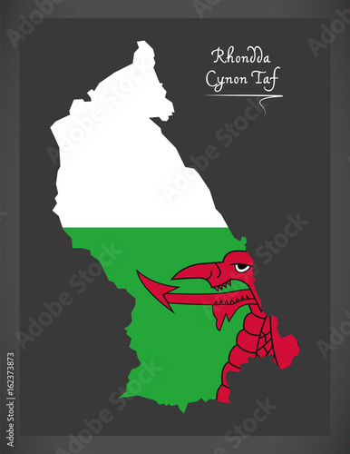 Rhondda Cynon Taf Wales map with Welsh national flag illustration