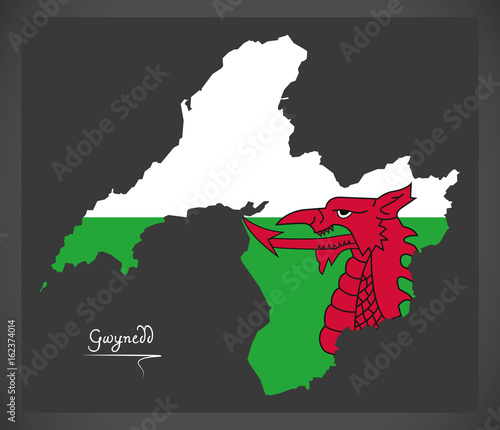 Gwynedd Wales map with Welsh national flag illustration