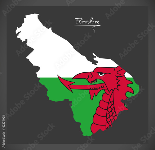 Flintshire Wales map with Welsh national flag illustration