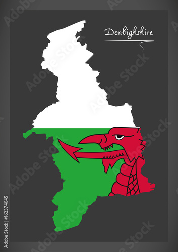 Denbighshire Wales map with Welsh national flag illustration