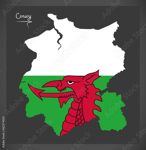 Conwy Wales map with Welsh national flag illustration