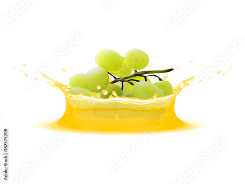 Realistic splash of juice with sprig of grapes. Vector icon. Template for your design