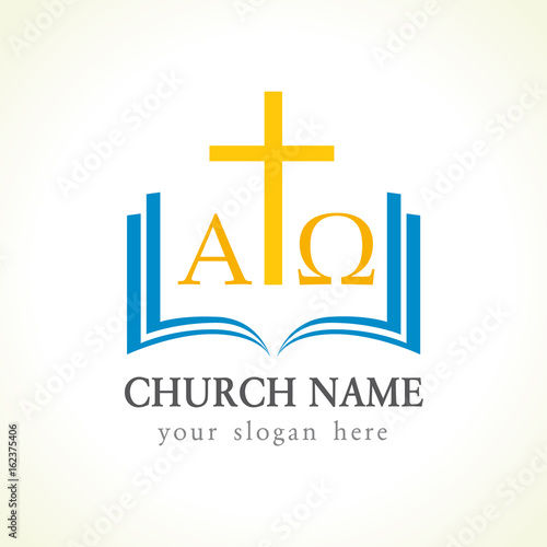 Christian church vector logo. Gold crucifixion, open blue book, cover, pages, alpha and omega greek letters. Religious educational symbol template. Bible studying, learning, teaching class.