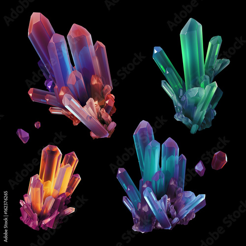 3d render, digital illustration, assorted colorful crystals, gem, geology, nugget, minerals collection, clip art set, isolated on black background photo